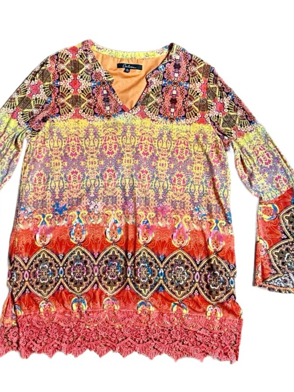 Calessa ~ X-Large ~Orange/Yellow/Gold Metallic Thread~Mandala Design Tunic Dress